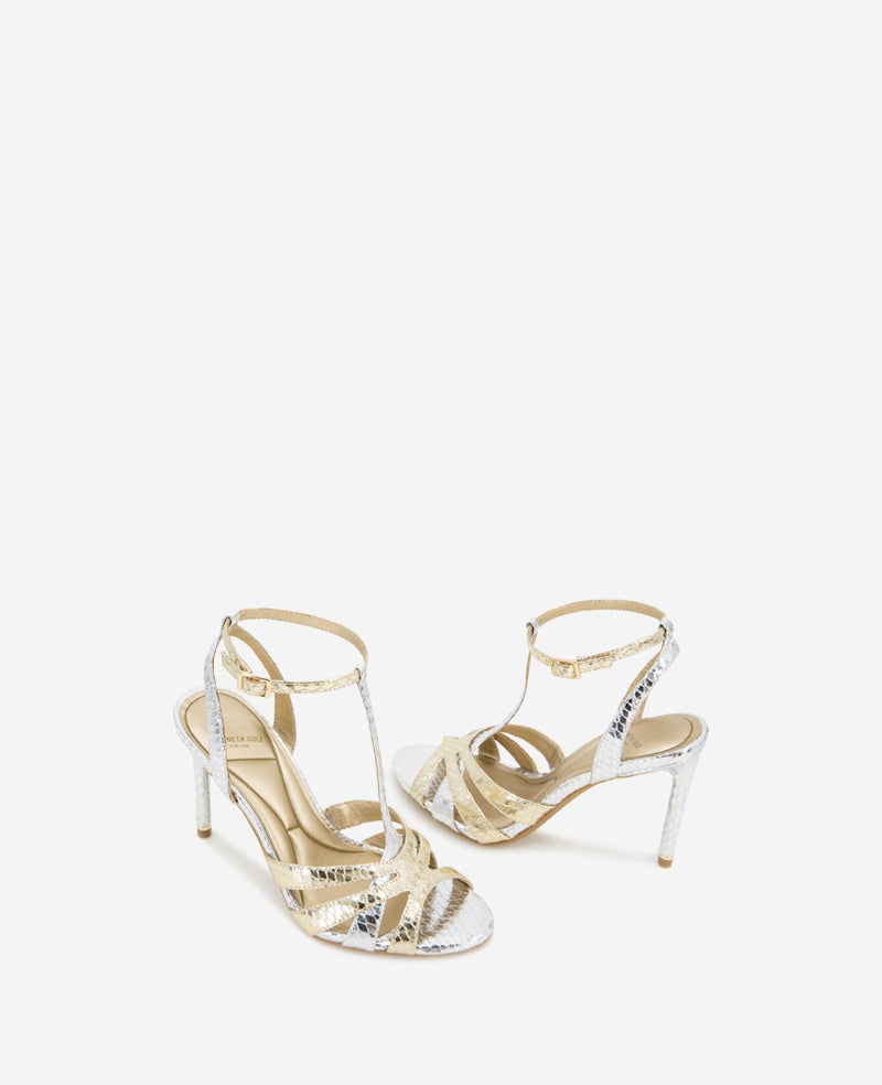 Kenneth Cole Reaction Shoes Liona Metallic Embossed Snake Heel sandali argento/oro 5 tacco 9,9 cm