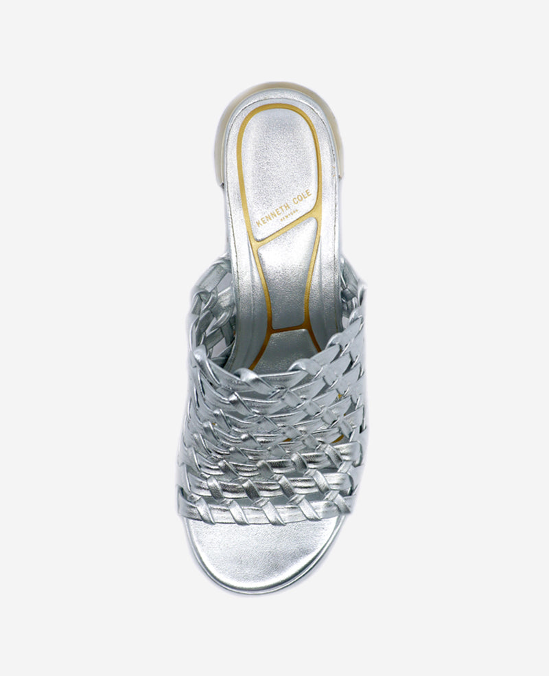 Kenneth Cole Reaction Shoes Solara Metallic Leather Woven Heel Sandal argento