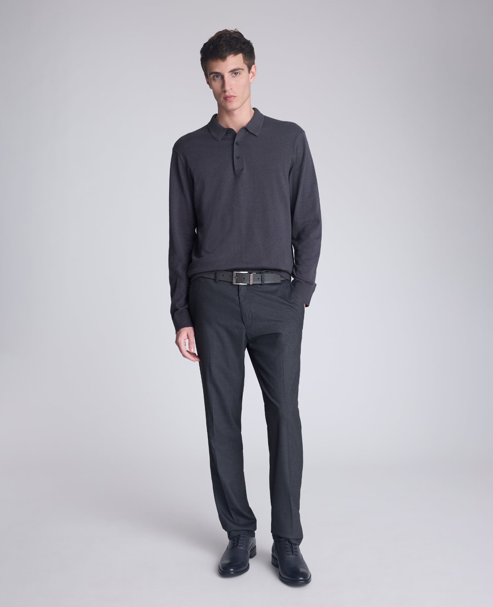 Kenneth Cole Reaction Clothing Long Sleeve Button Sweater Polo polo manica lunga grigio