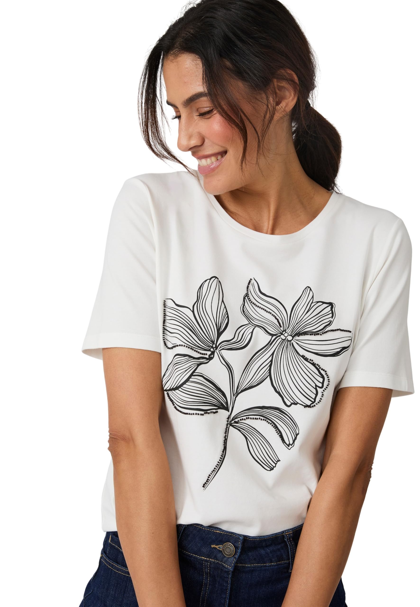 Damart Prêt-à-porter T-Shirt Perle Fantasia maglietta bianca con perle