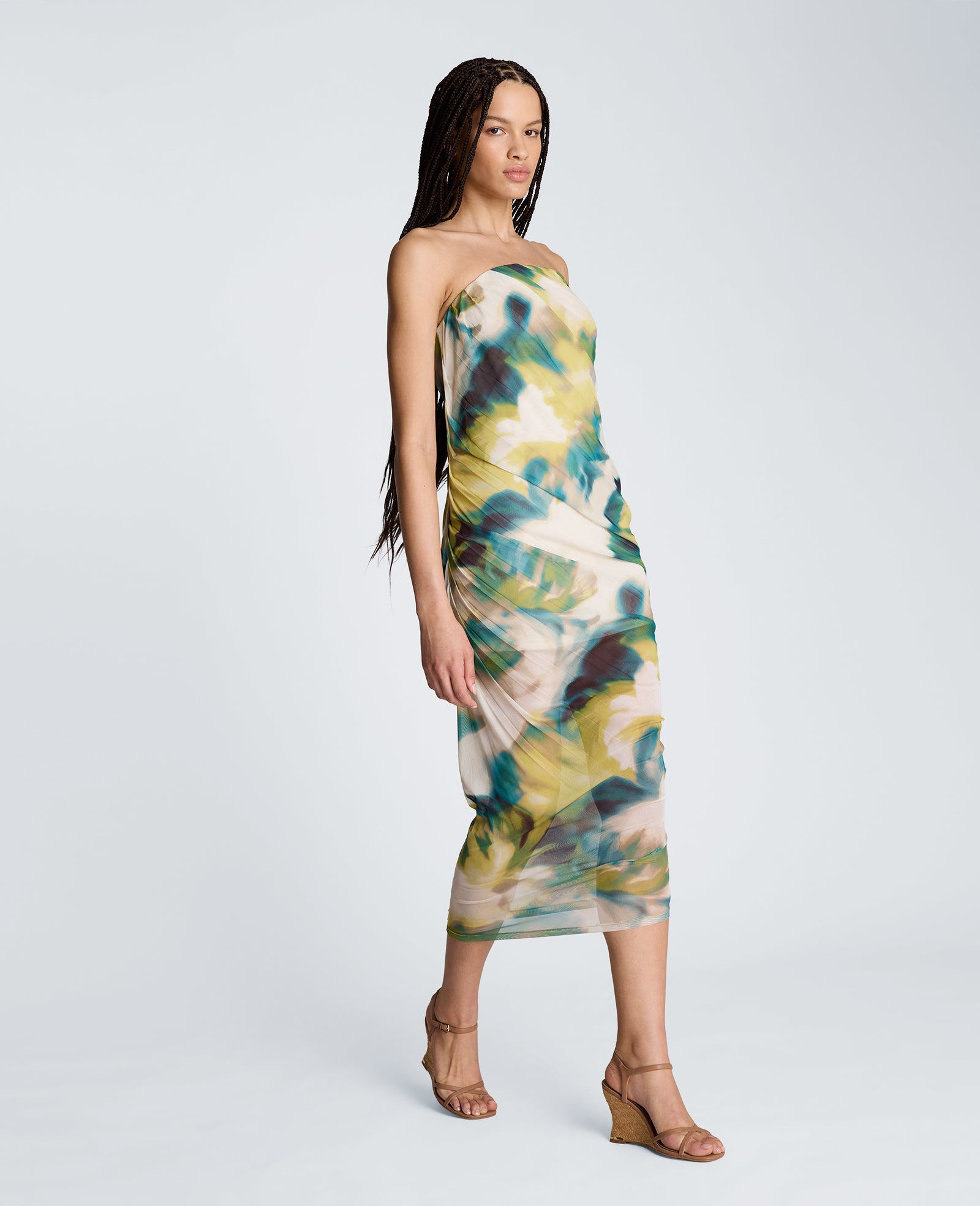 Kenneth Cole Reaction Clothing Strapless Ruched Dress abito midi nero multicolore stampato