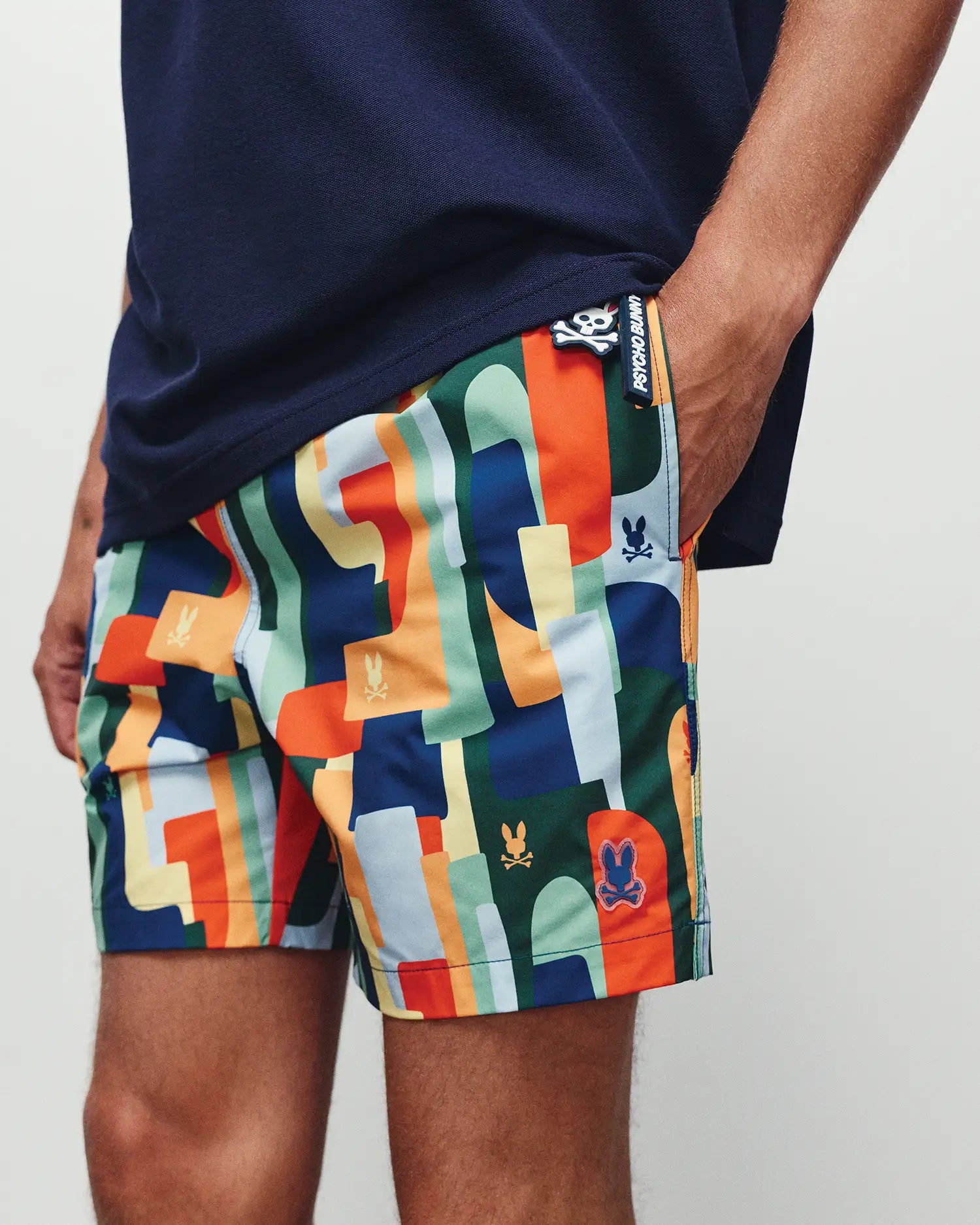 Psycho Bunny Men's Swimwear MENS WES ALL-OVER PRINT SWIM TRUNKS costume da bagno blu navy XXS