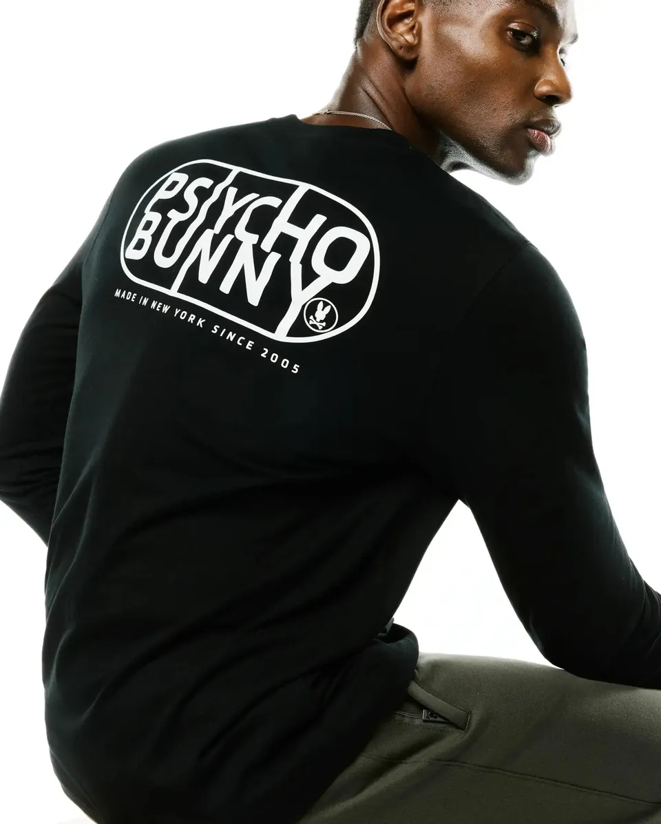 Psycho Bunny Men's Tees Dariel Long Sleeve Graphic Tee nera cotone Pima