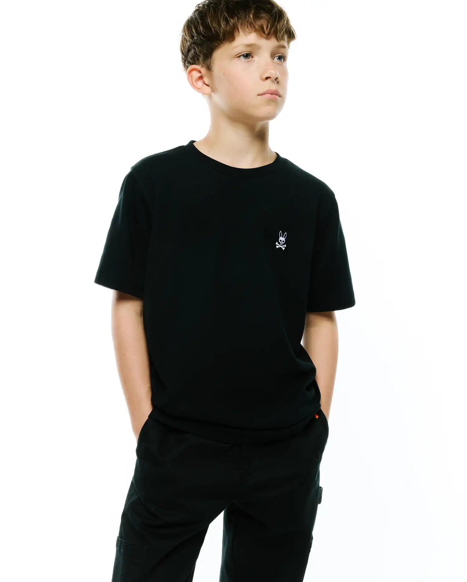 Psycho Bunny Kids Tees Maxton Waffle T-shirt nera in cotone elasticizzato