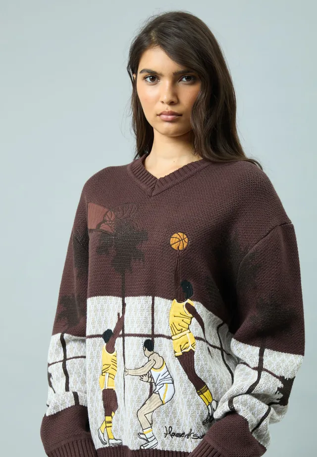 House Of Sunny Women's Knitwear SLAM DUNK WEST maglione jacquard marrone taglie UK S-XL