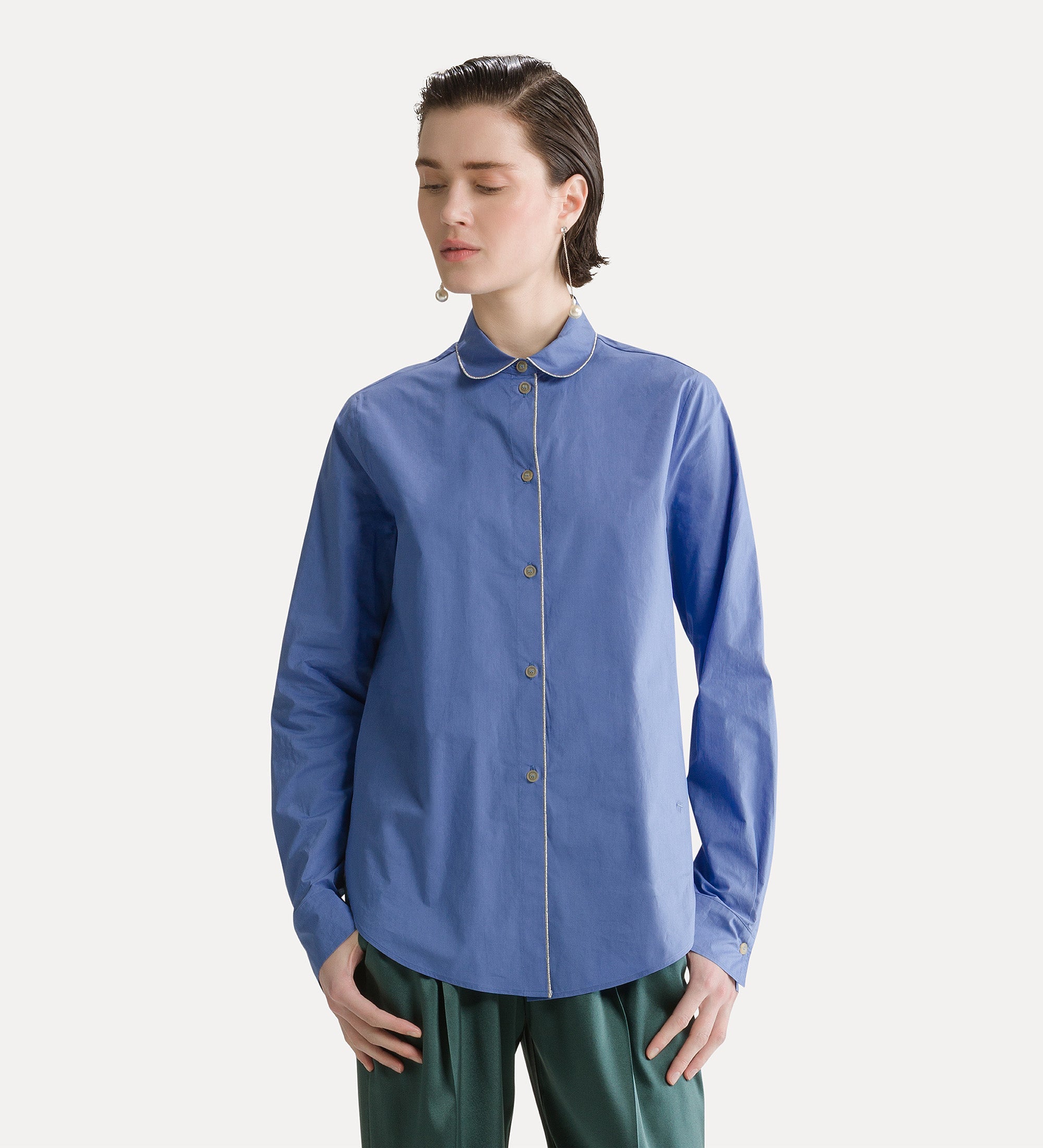 Forte camicie camicia in popeline di cotone blu Oxford ricamata