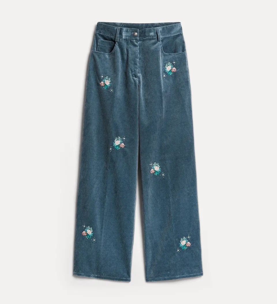Forte pantaloni Bouquet pantaloni a coste grigi ricamati