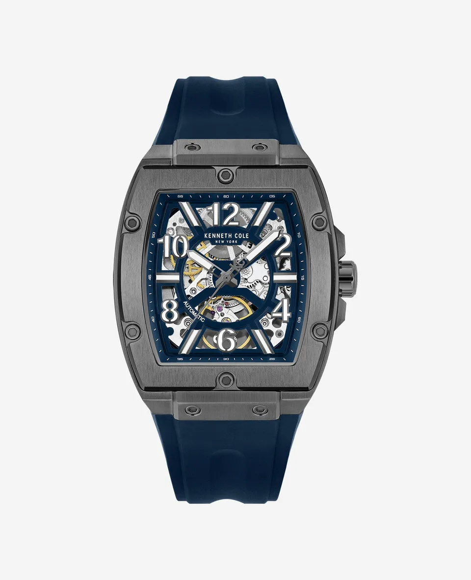 Kenneth Cole Reaction Watches Skeleton Automatic Silicone Strap Watch orologio blu