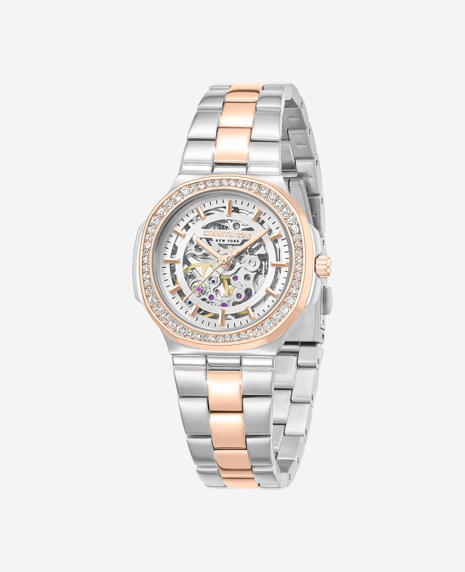 Kenneth Cole Reaction Watches Skeleton Automatic Crystal Lined Outer Dial Two Tone Bracelet Watch orologio bicolore