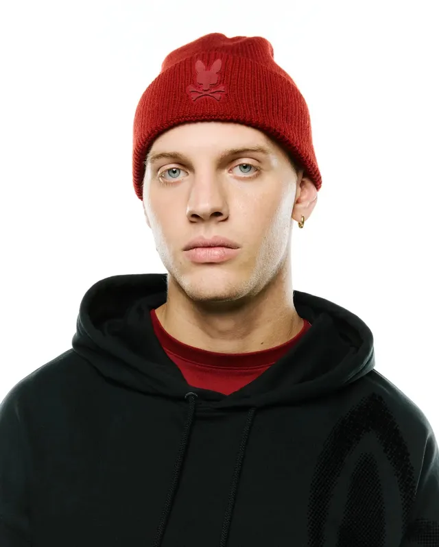 Psycho Bunny Accessories Men's Leighton Merino Beanie berretto rosso in lana merino