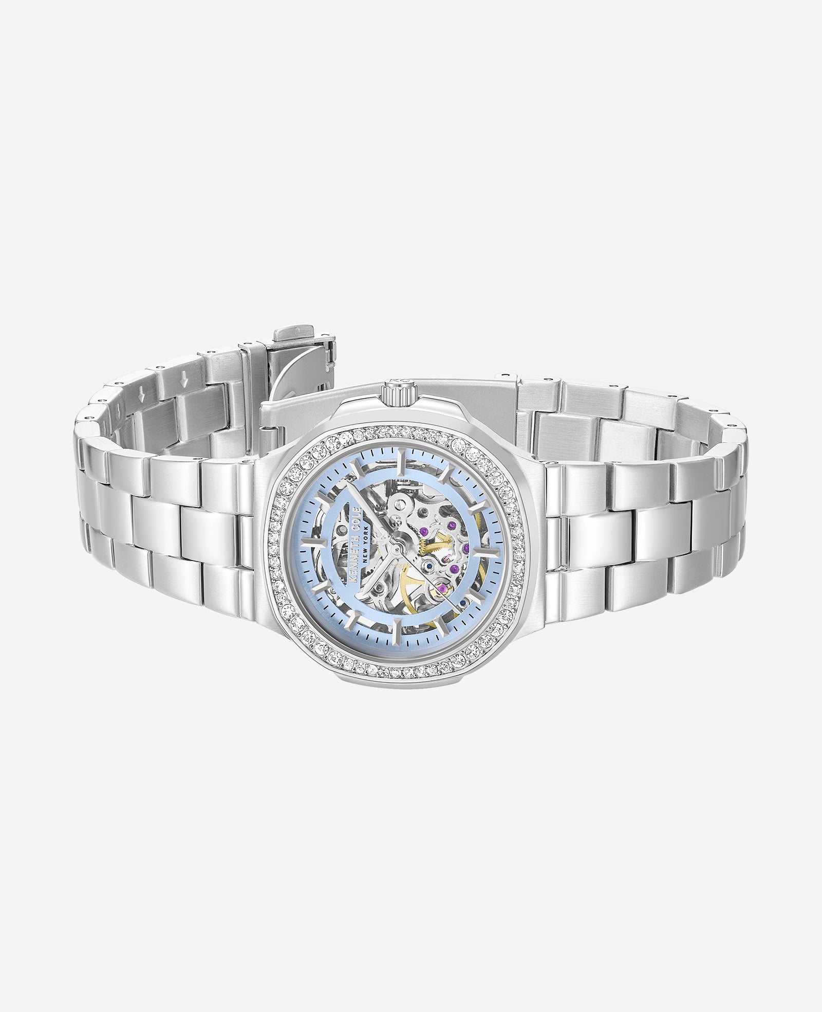 Kenneth Cole Reaction Watches Skeleton Automatic Crystal Lined Outer Dial Bracelet Watch orologio argento