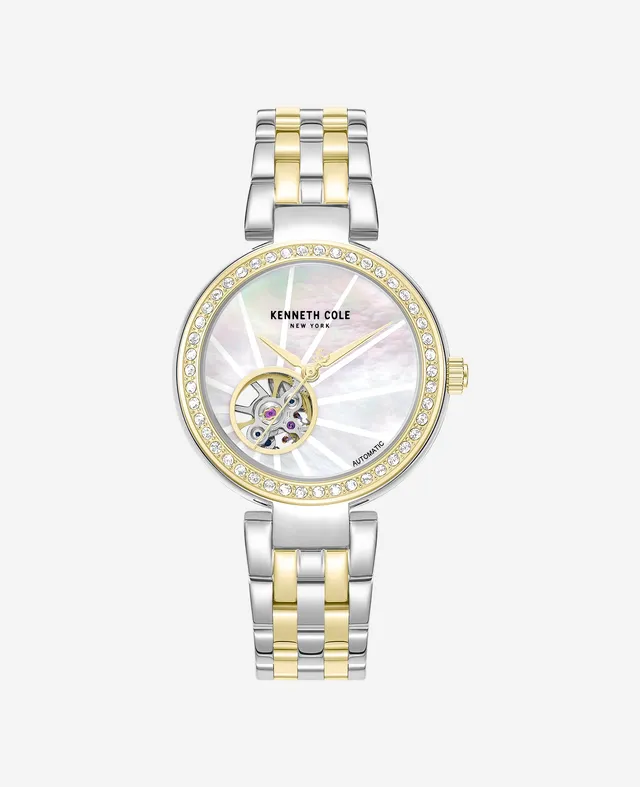 Kenneth Cole Reaction Watches Open Heart Automatic Crystal Lined MOP Dial Two Tone Bracelet Watch