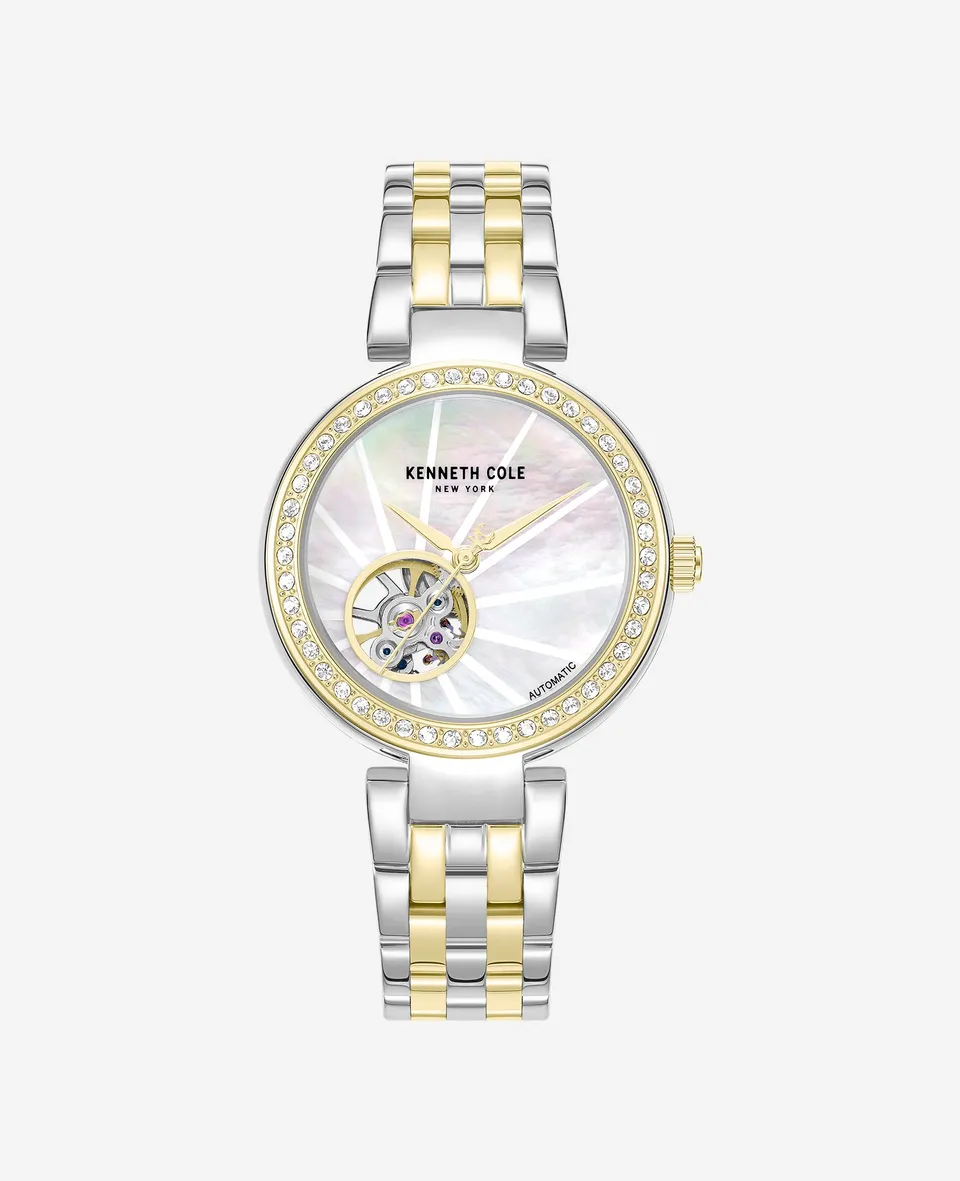 Kenneth Cole Reaction Watches Open Heart Automatic Crystal Lined MOP Dial Two Tone Bracelet Watch