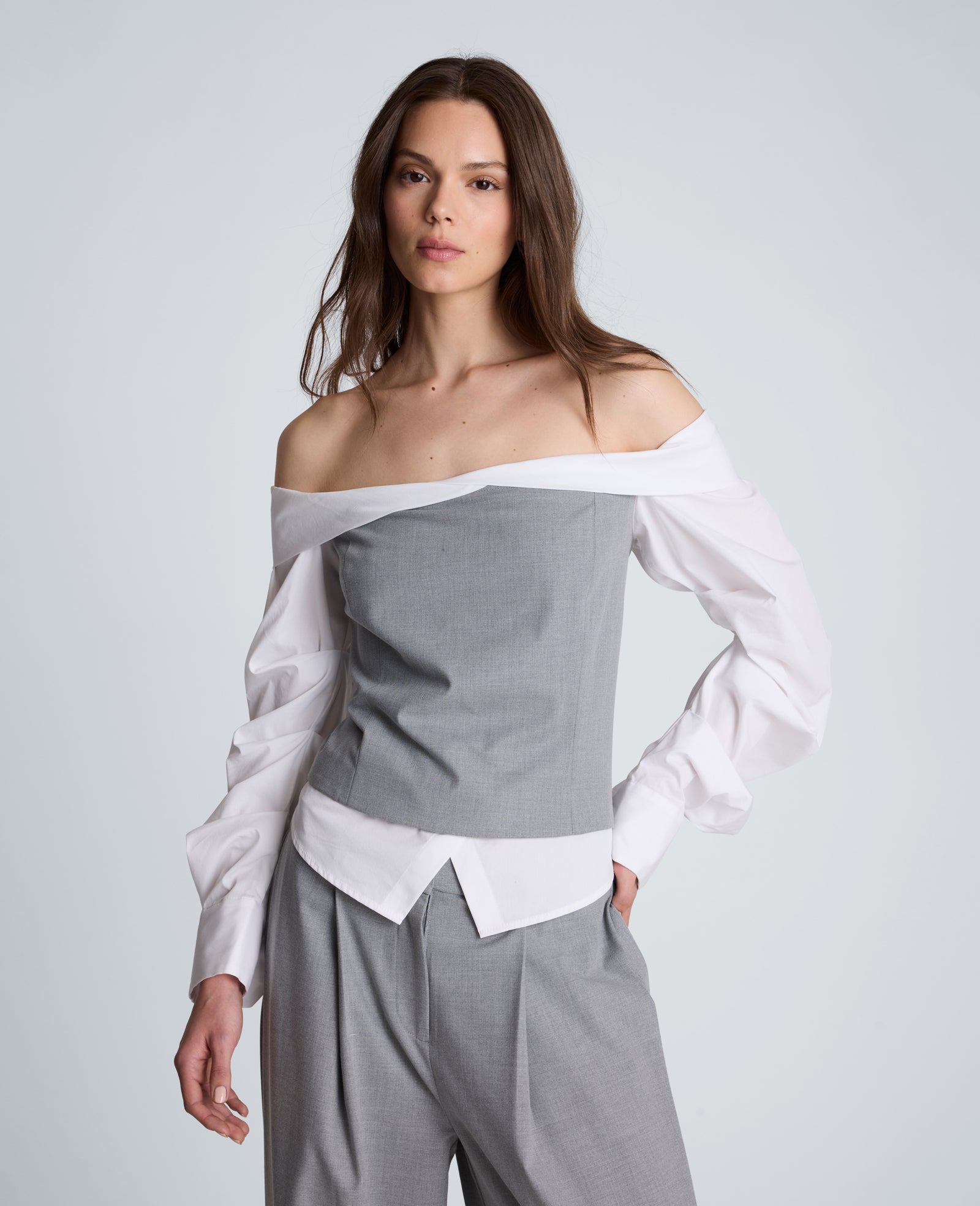Kenneth Cole Reaction Clothing Off-Shoulder Pleated Sleeve Bustier Top blusa