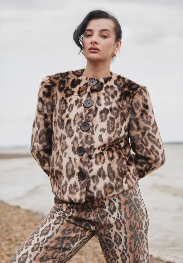 House Of Sunny Women's Jackets COLLARLESS LEOPARD JACKET giacca leopardata UK