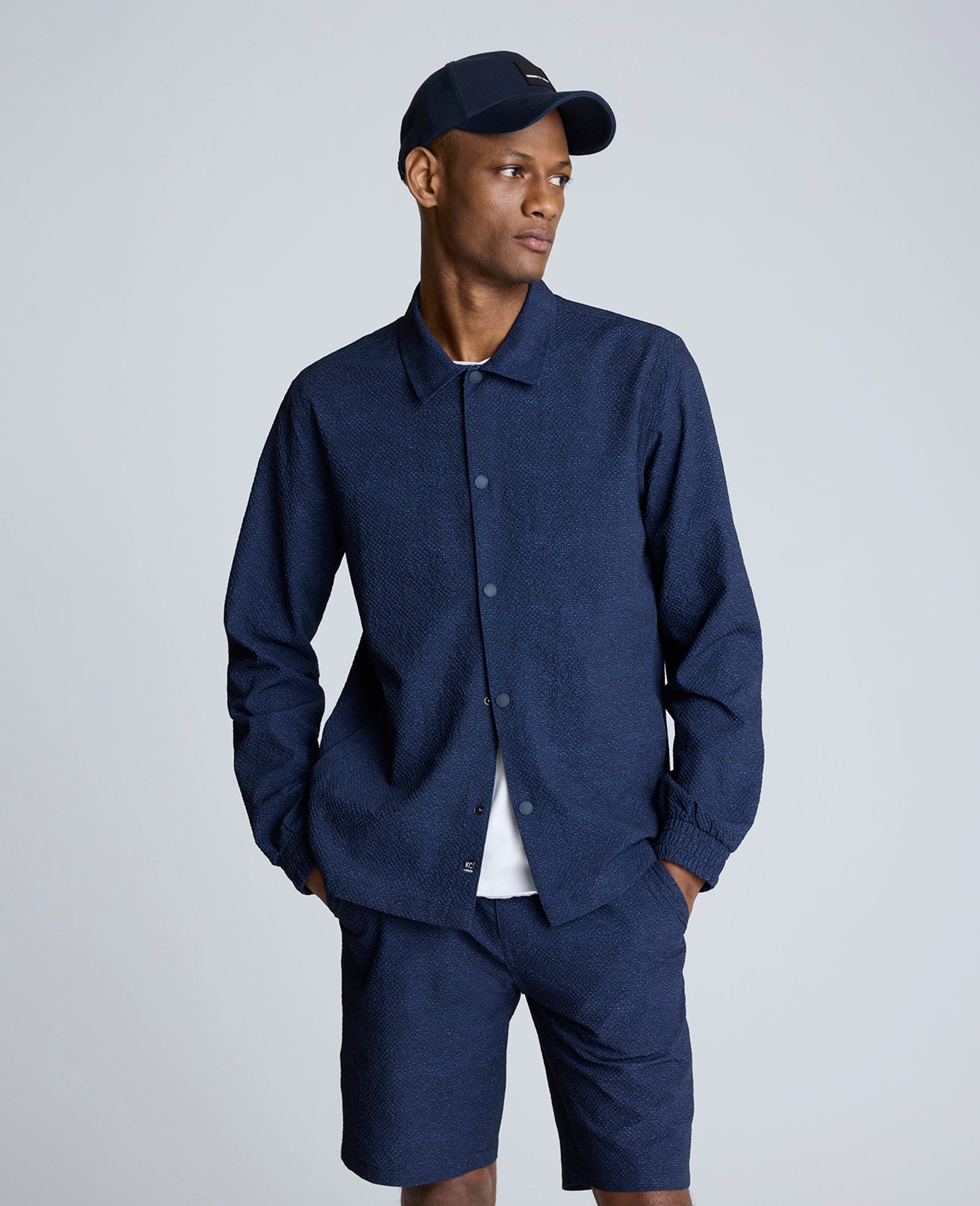 Kenneth Cole Reaction Clothing Printed Performance Seersucker giacca blu navy