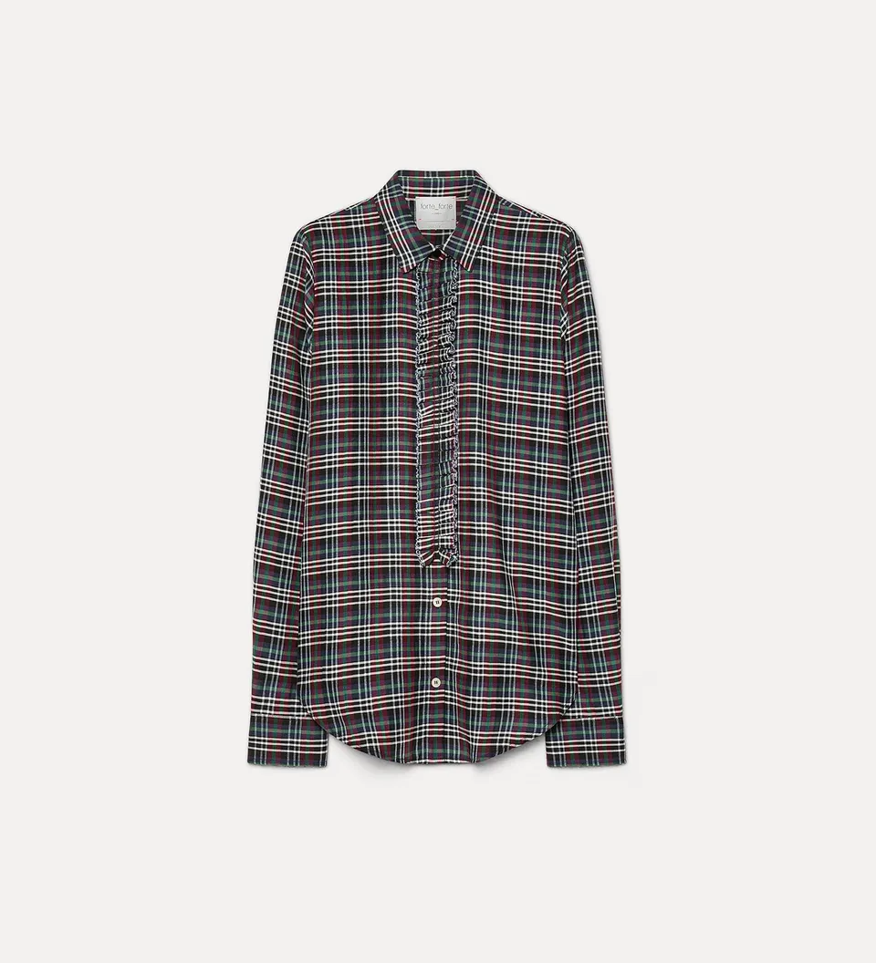 Forte camicie Ruched Voile Tartan Shirt camicia verde in voile