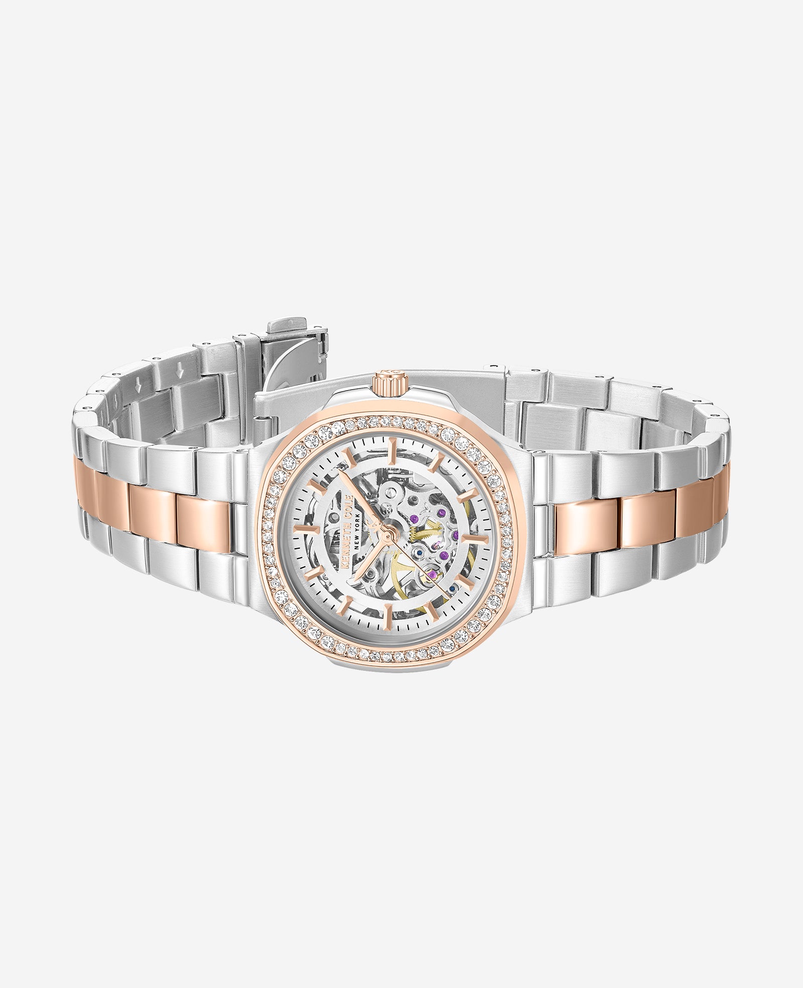 Kenneth Cole Reaction Watches Skeleton Automatic Crystal Lined Outer Dial Two Tone Bracelet Watch orologio bicolore