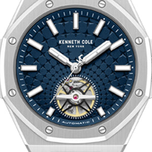 Kenneth Cole Reaction Watches Skeleton Automatic Blue Dial Stainless Steel Bracelet Watch argento