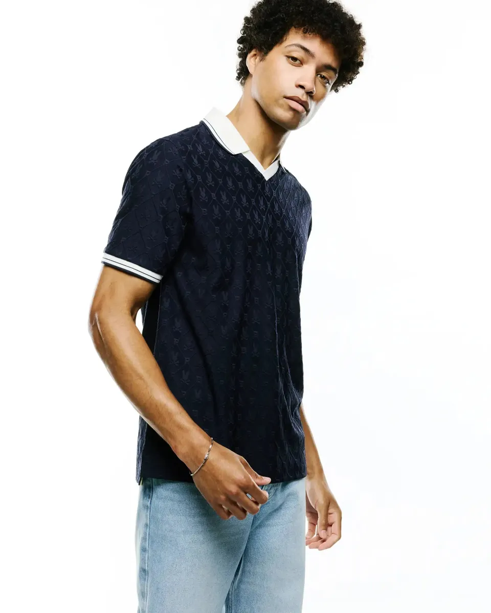 Psycho Bunny Men's Polos Garry Johnny Collar Polo polo blu jacquard