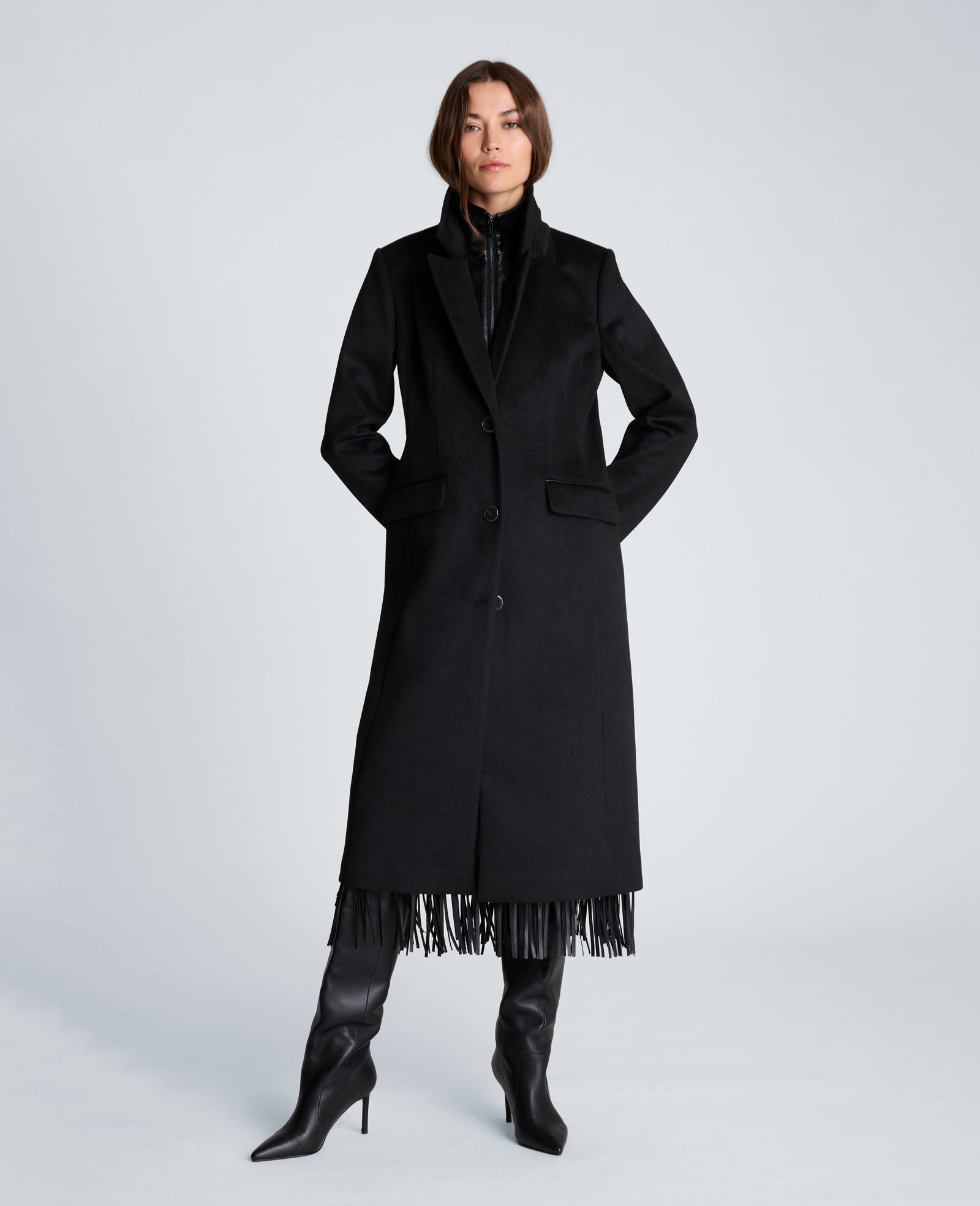 Kenneth Cole Reaction Clothing Wool Topper Coat with Vegan Leather Zip Up cappotto nero in lana