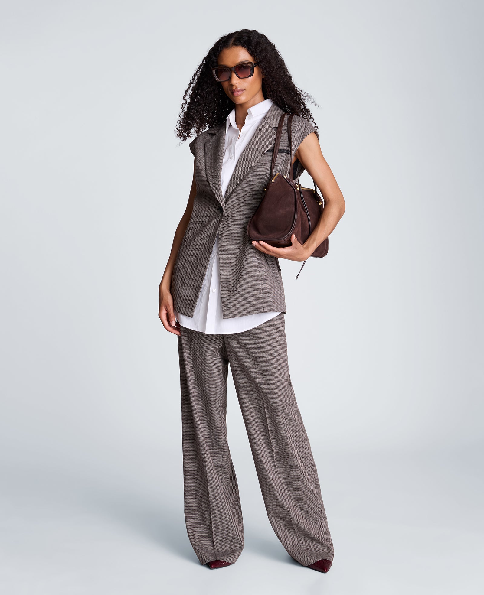 Kenneth Cole Reaction Fly Front High Rise Wide Leg Pants pantaloni tweed