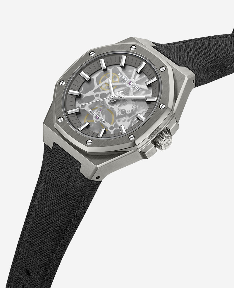 Kenneth Cole Reaction Watches Skeleton Automatic Nylon Strap Watch orologio Gunmetal automatico