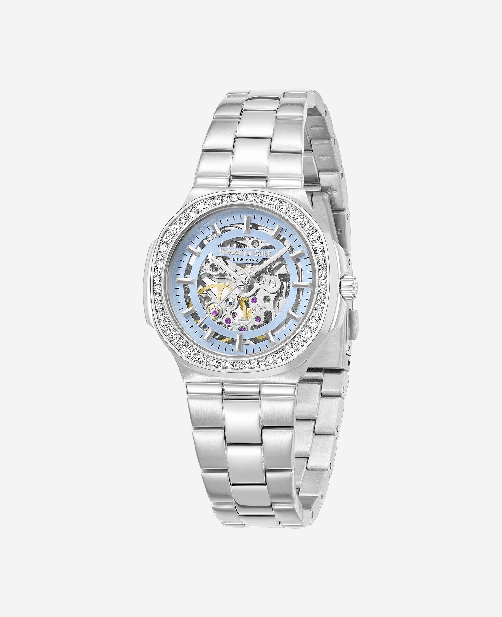 Kenneth Cole Reaction Watches Skeleton Automatic Crystal Lined Outer Dial Bracelet Watch orologio argento