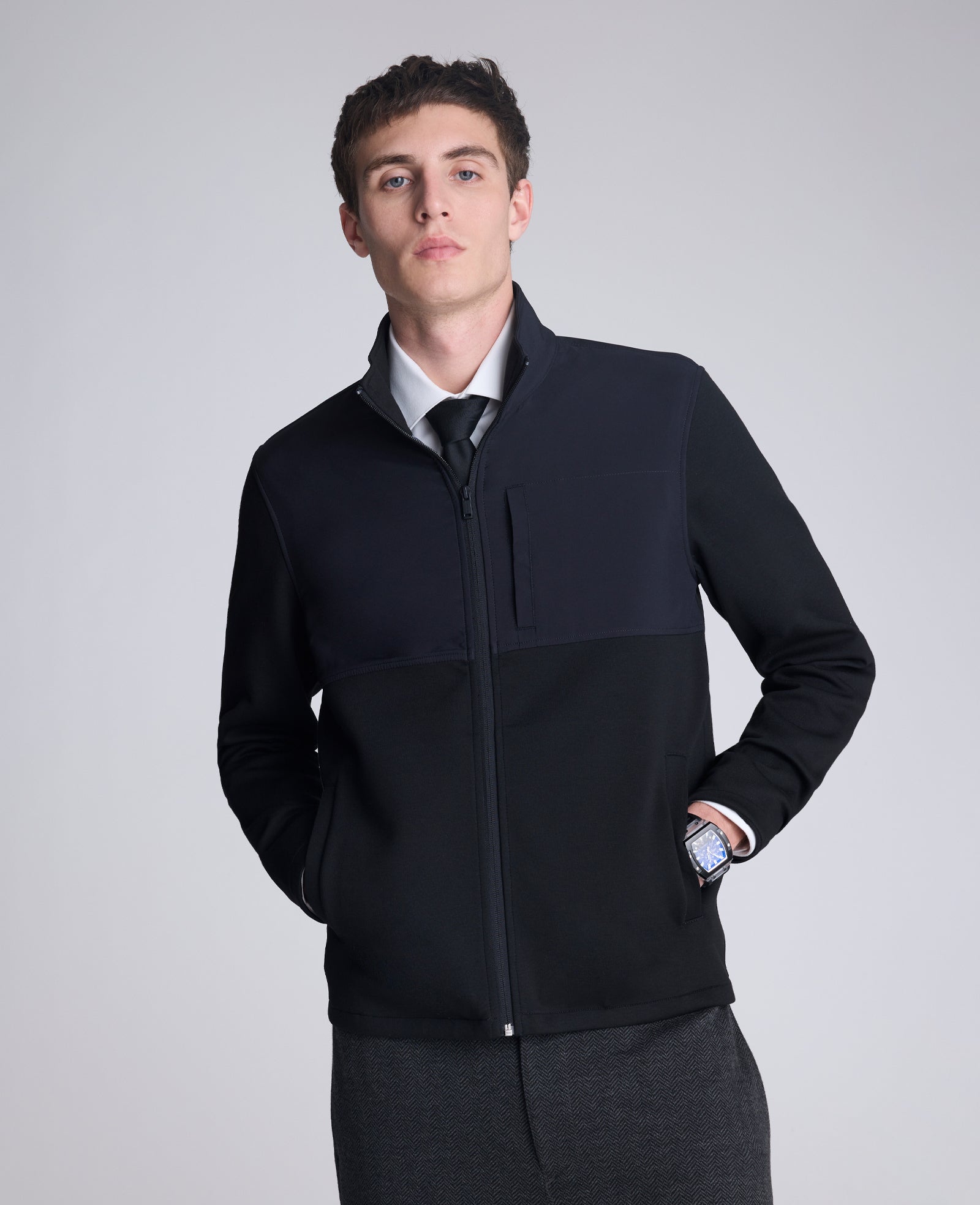 Kenneth Cole Reaction Mock Neck Full Zip Jacket giacca nera melange S-XXL traspirante