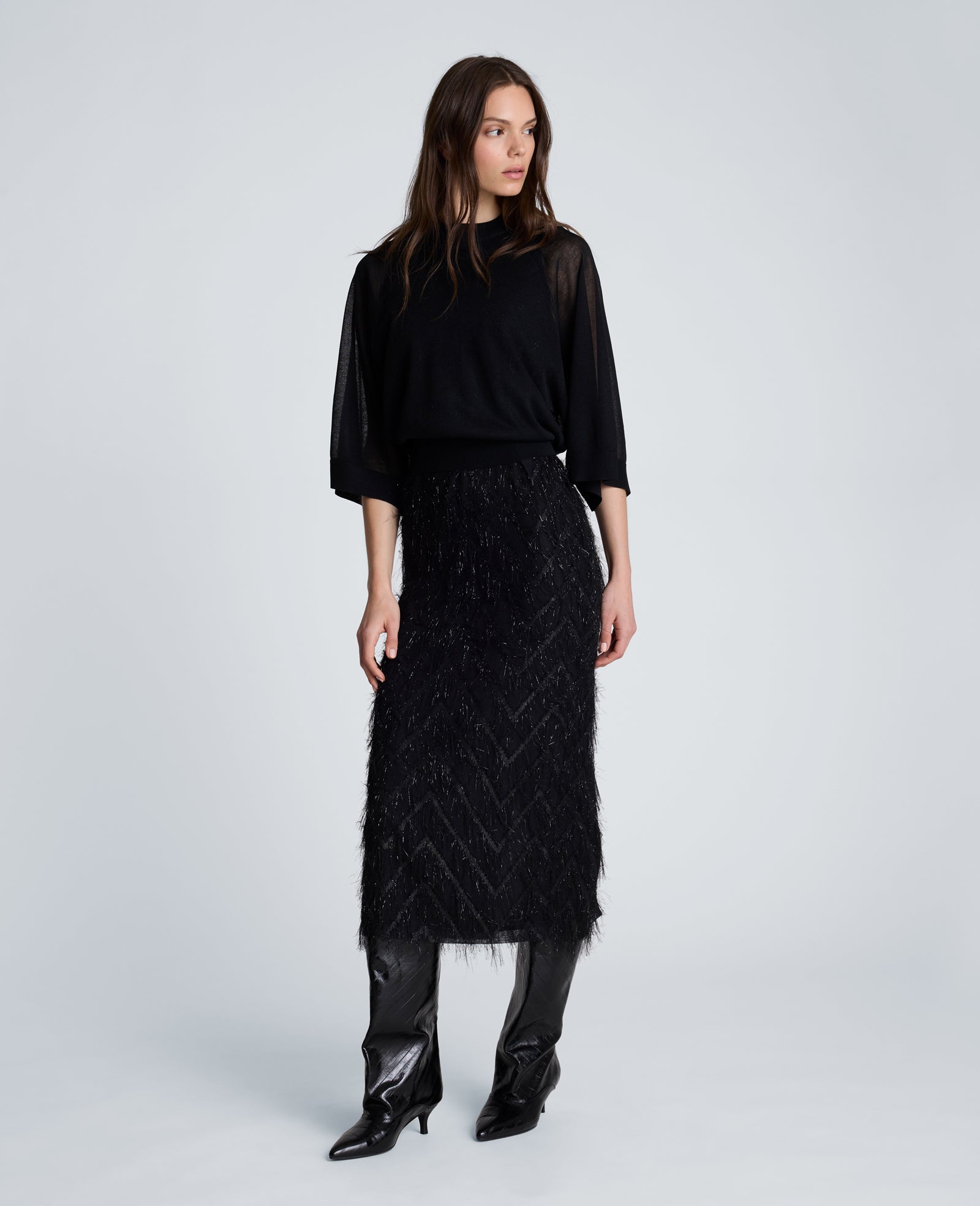 Kenneth Cole Reaction Clothing Fringed Organza Midi Sheath Dress abito midi nero
