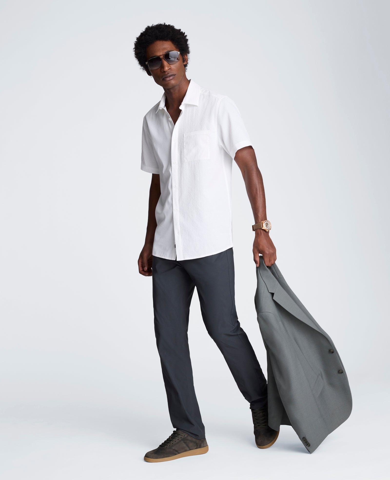 Kenneth Cole Reaction Clothing Slim Fit Short-Sleeve Mixed-Media Sport Shirt camicia bianca in poliestere