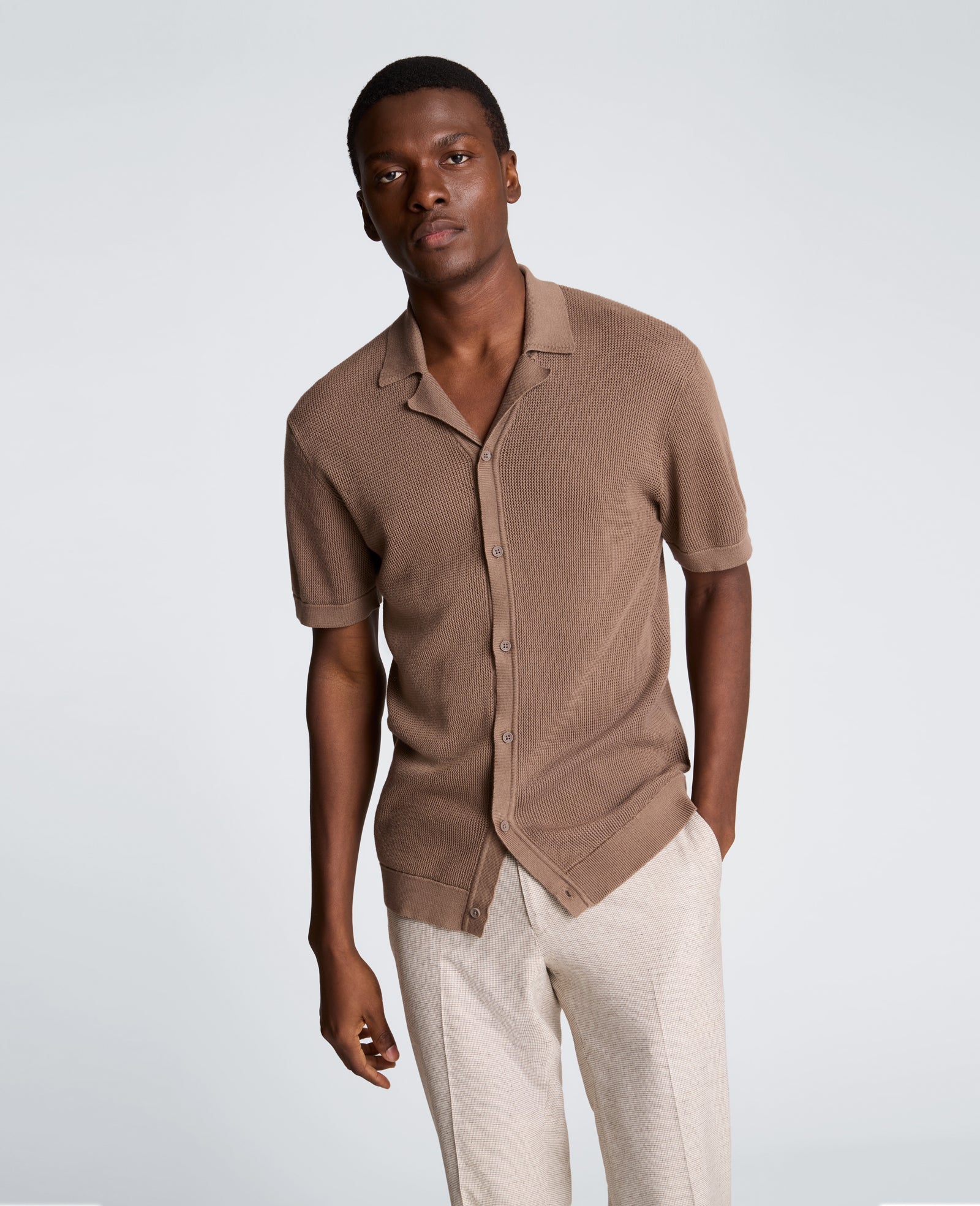 Kenneth Cole Reaction Clothing Knit Camp Shirt camicia beige scuro in cotone