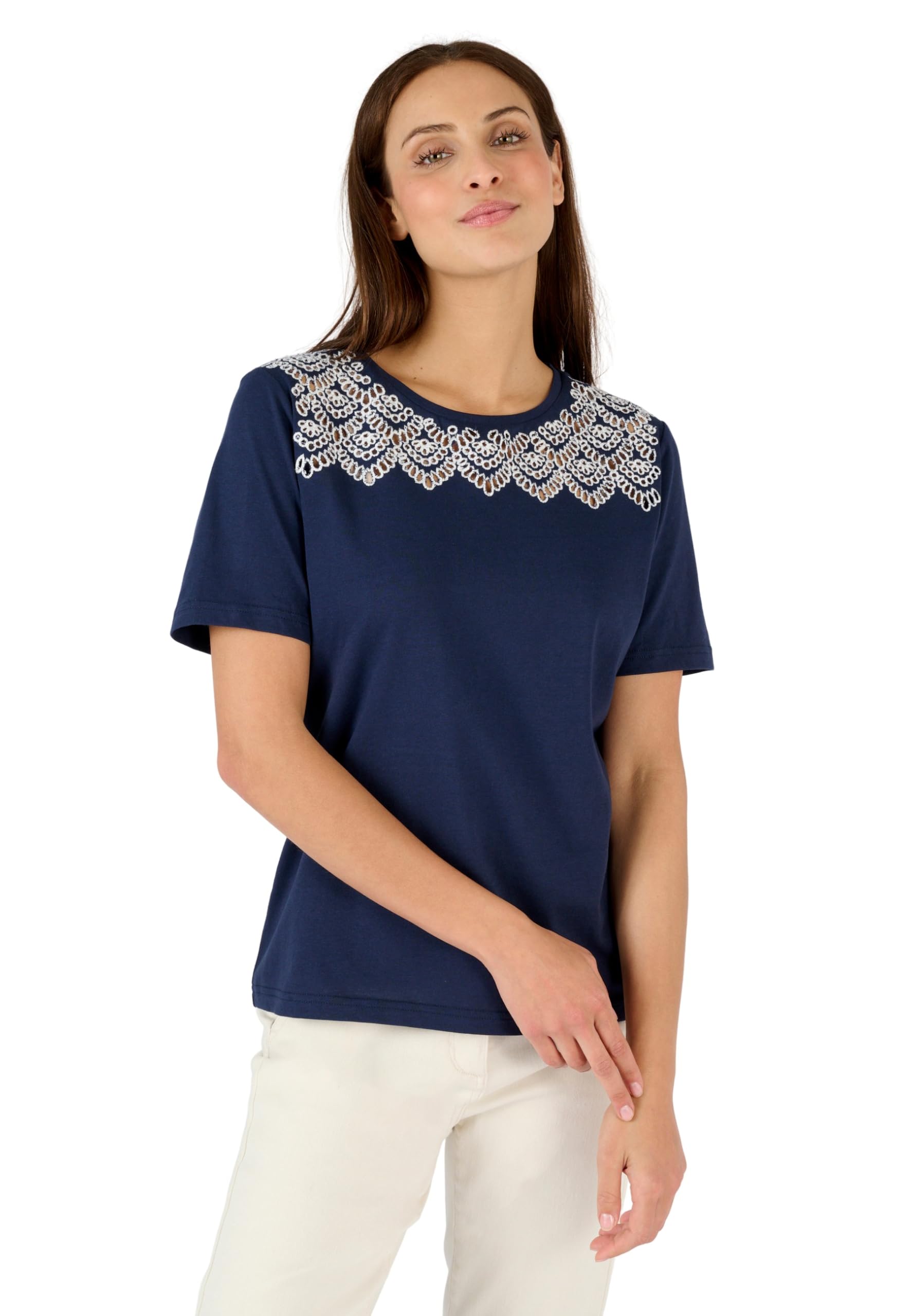 Damart Prêt-à-porter Maglietta donna blu navy ricamo bianco 38-40