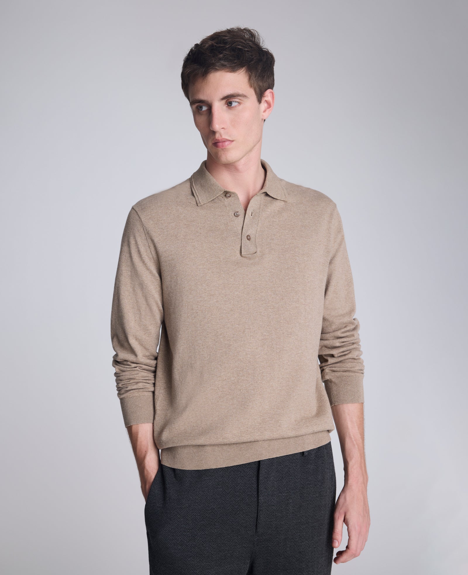 Kenneth Cole Reaction Clothing Long Sleeve Button Sweater Polo polo marrone chiaro