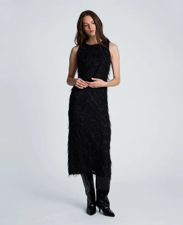 Kenneth Cole Reaction Clothing Fringed Organza Midi Sheath Dress abito midi nero