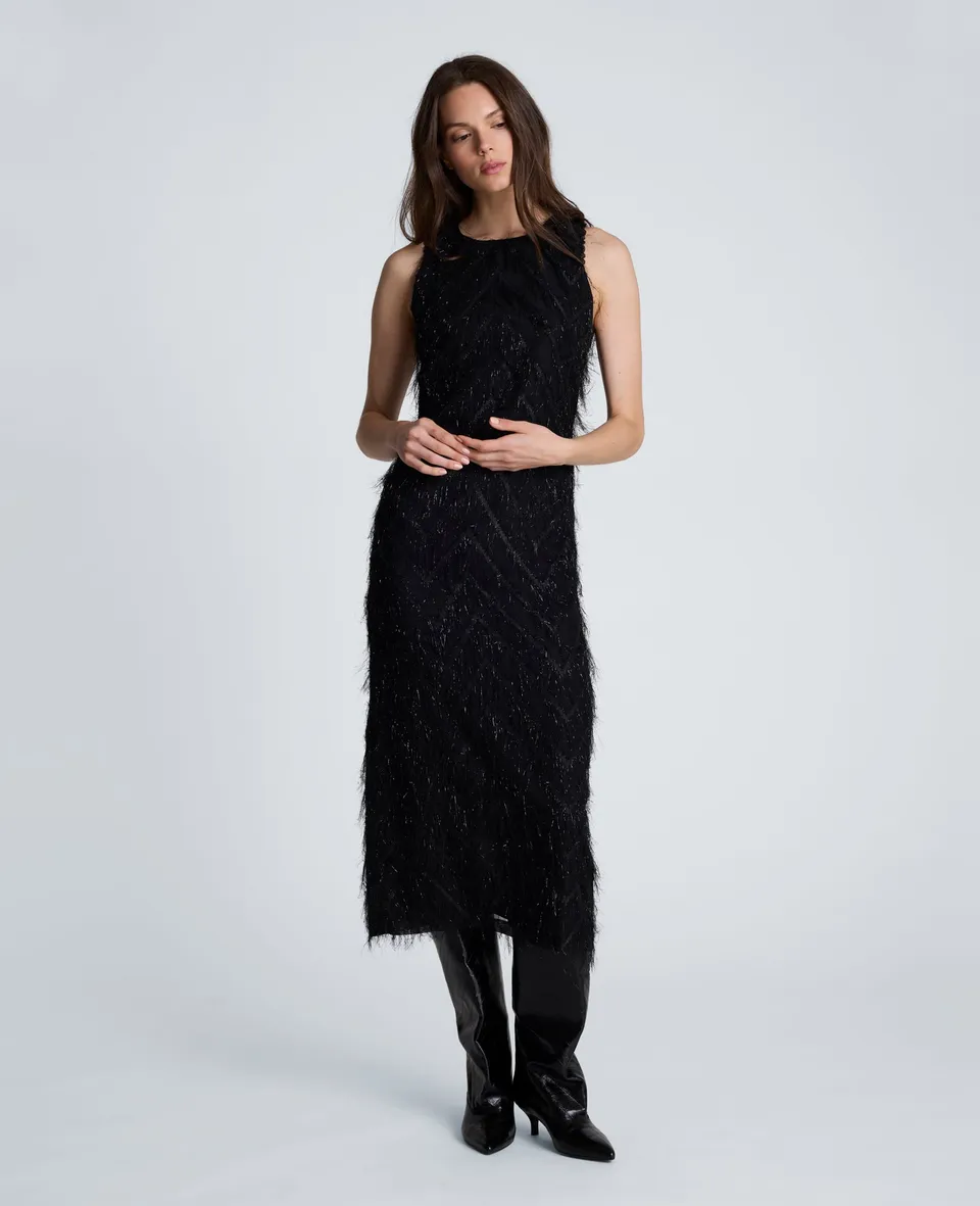 Kenneth Cole Reaction Clothing Fringed Organza Midi Sheath Dress abito midi nero