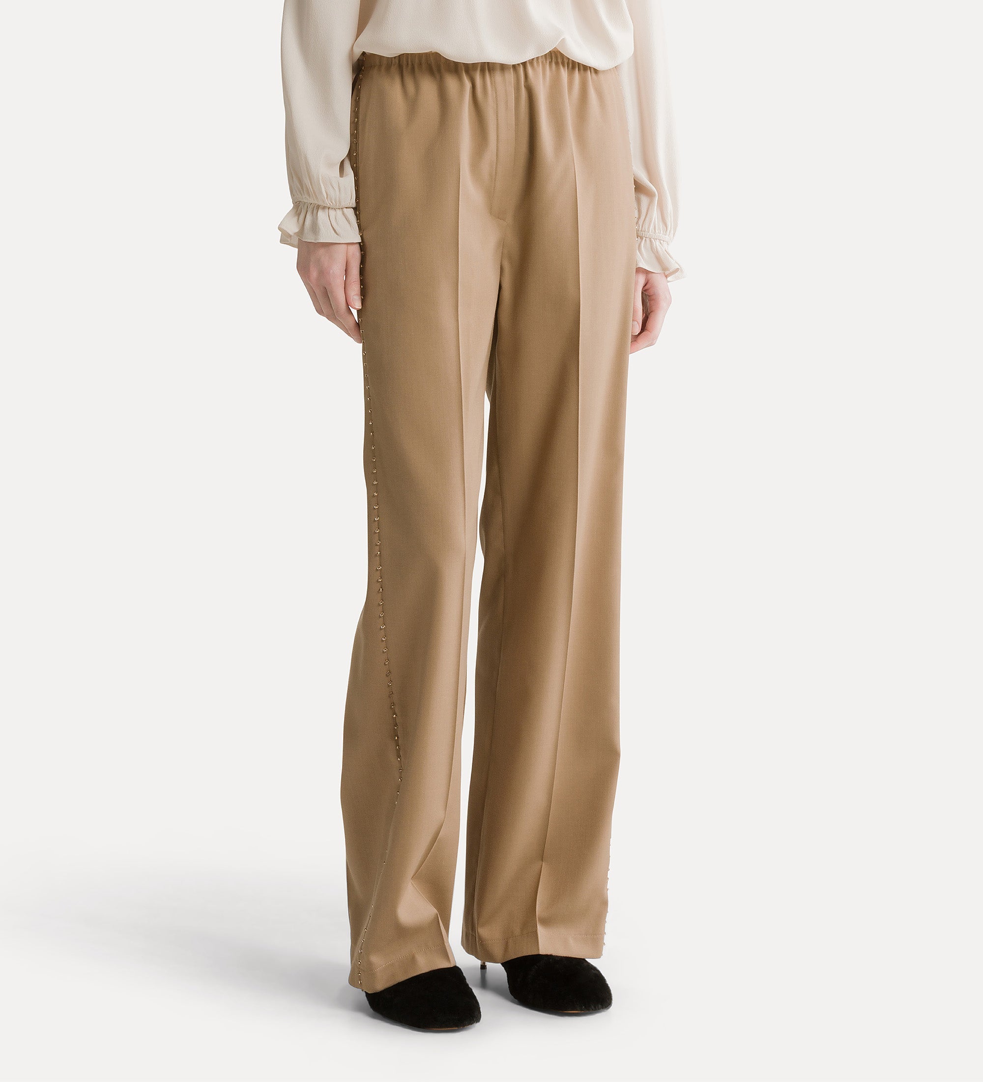 Forte pantaloni embroidered trousers in grain de poudre mandorla pantaloni ricamati