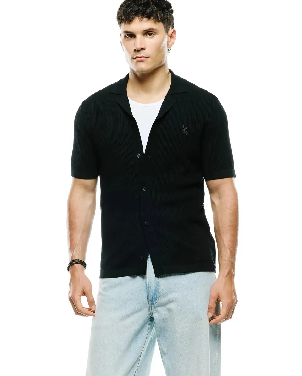 Psycho Bunny Men's Shirts MENS YANN KNIT CAMP SHIRT - MT0300171 camicia nera