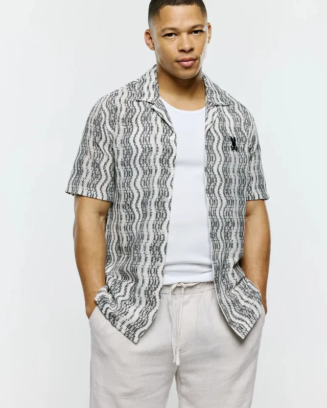 Psycho Bunny Men's Shirts Dave Crochet Shirt camicia nera e crema in maglia