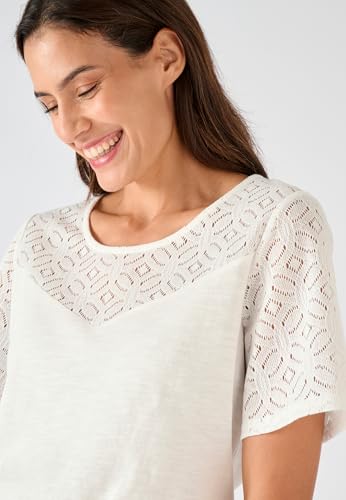 Damart Prêt-à-porter Maglietta in puro cotone con inserto macramé bianca 38-40