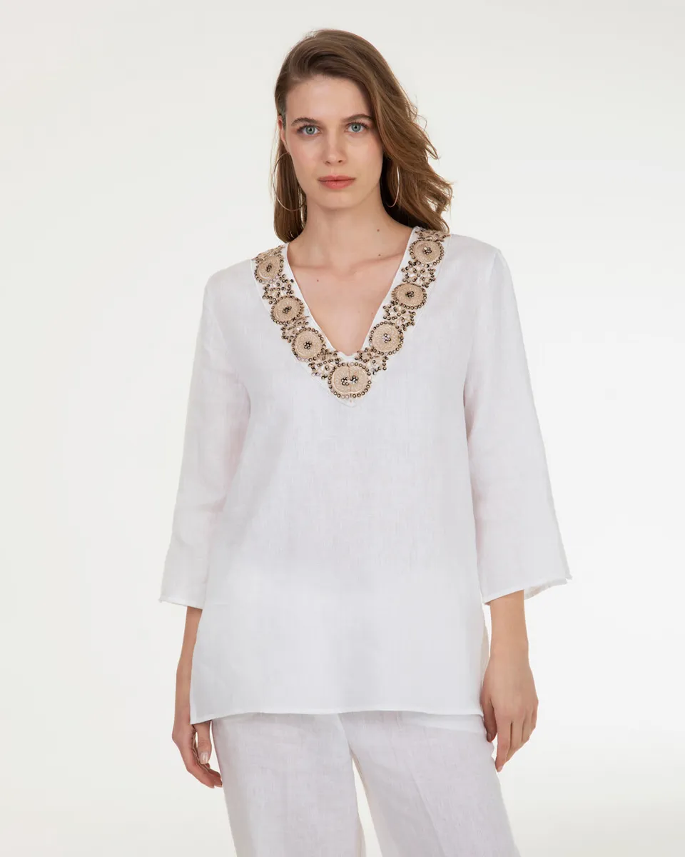 Markup Donna Camicie & Bluse Blusa in lino 100% con pizzo