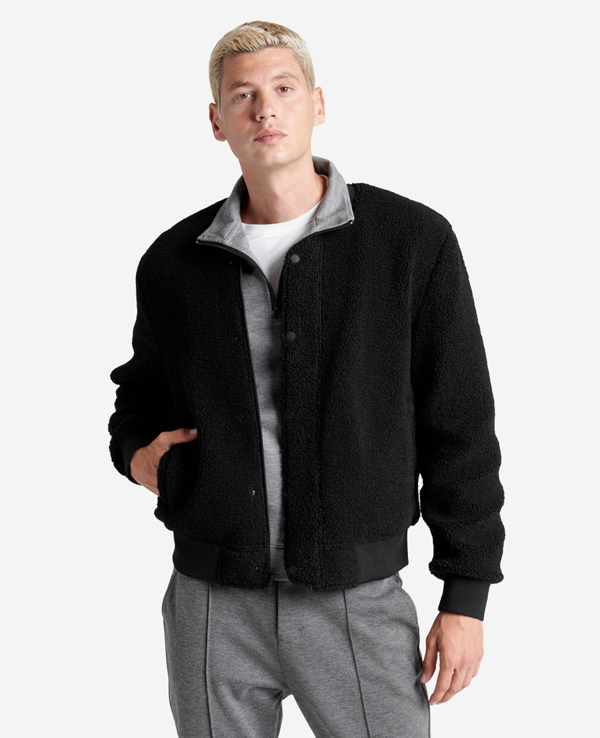 Kenneth Cole Reaction Clothing Reversible Sherpa Bomber Jacket giacca nera reversibile