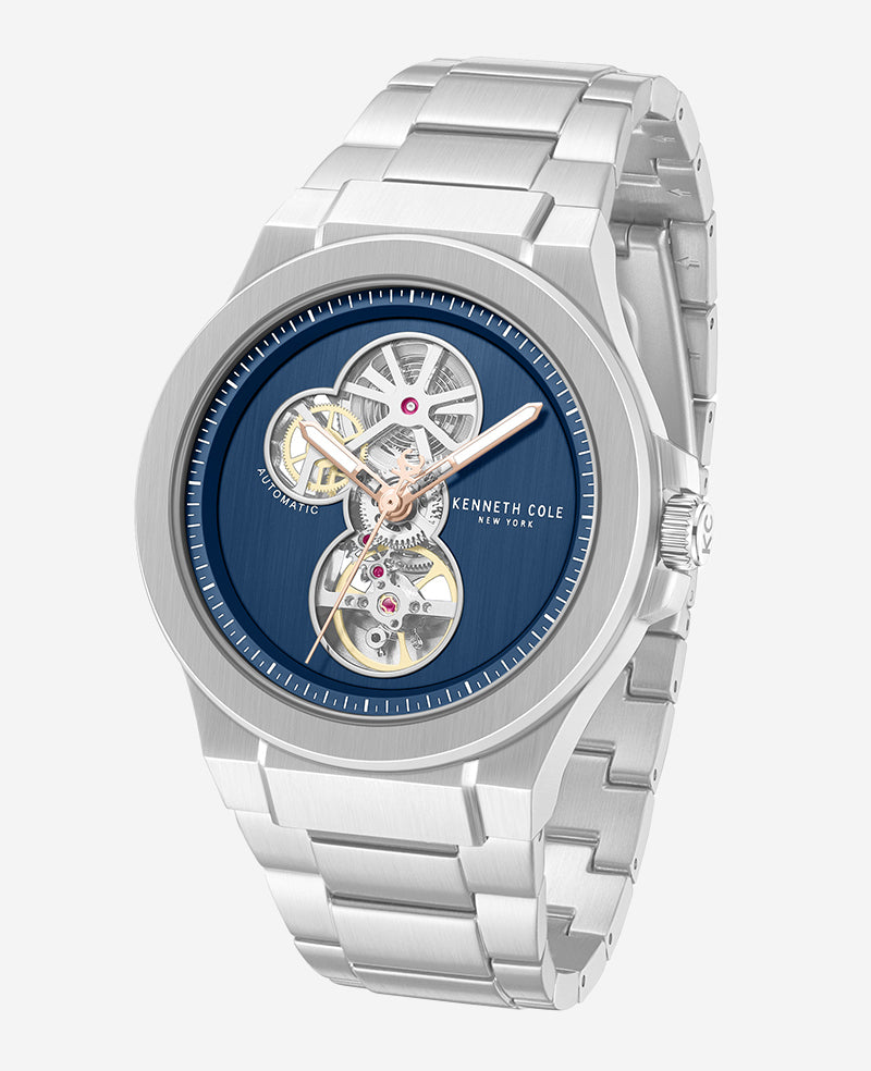 Kenneth Cole Reaction Watches Skeleton Automatic Gunmetal Dial Stainless Steel Bracelet Watch orologio argento