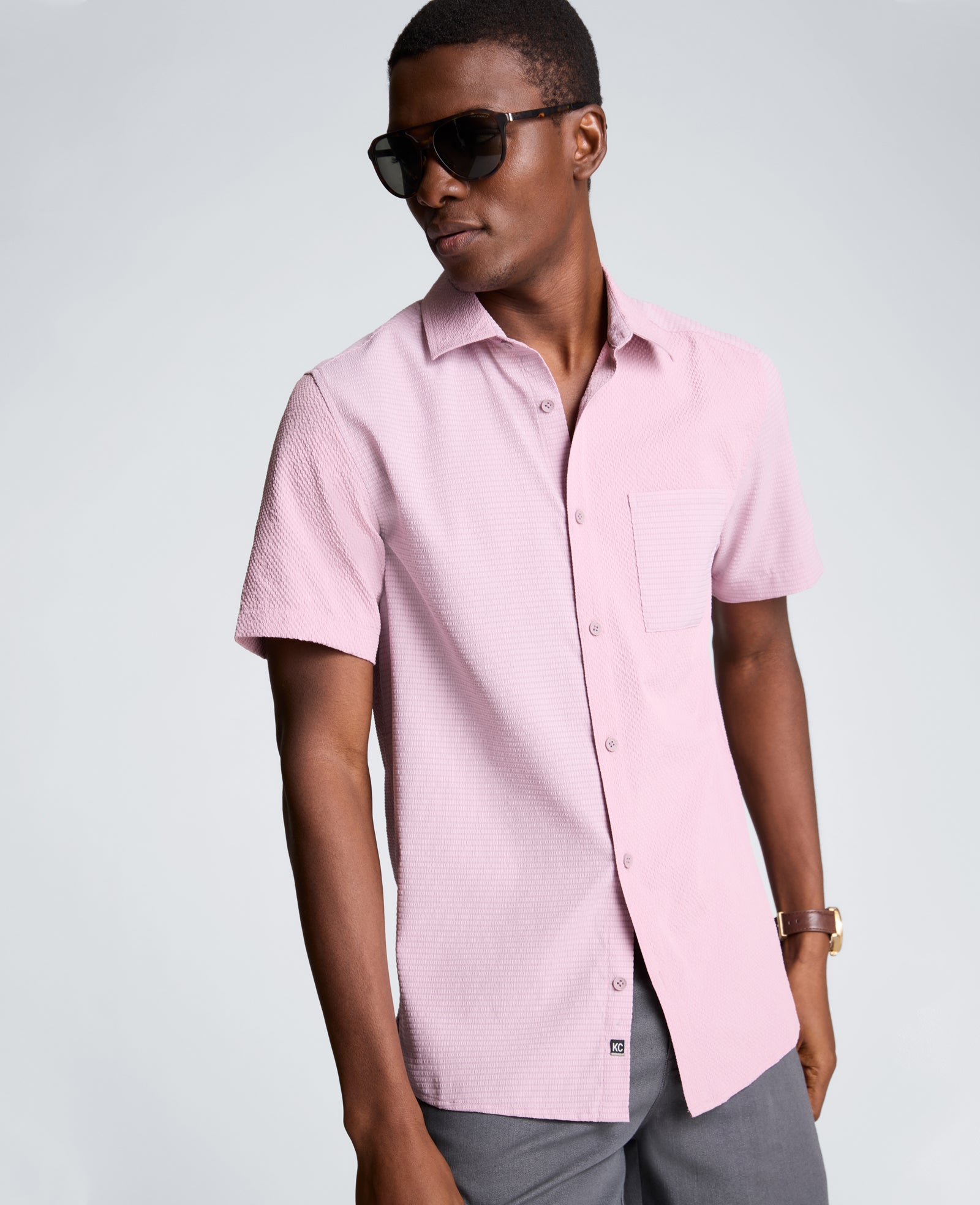 Kenneth Cole Reaction Clothing Slim Fit Short-Sleeve Mixed-Media Sport Shirt camicia rosa