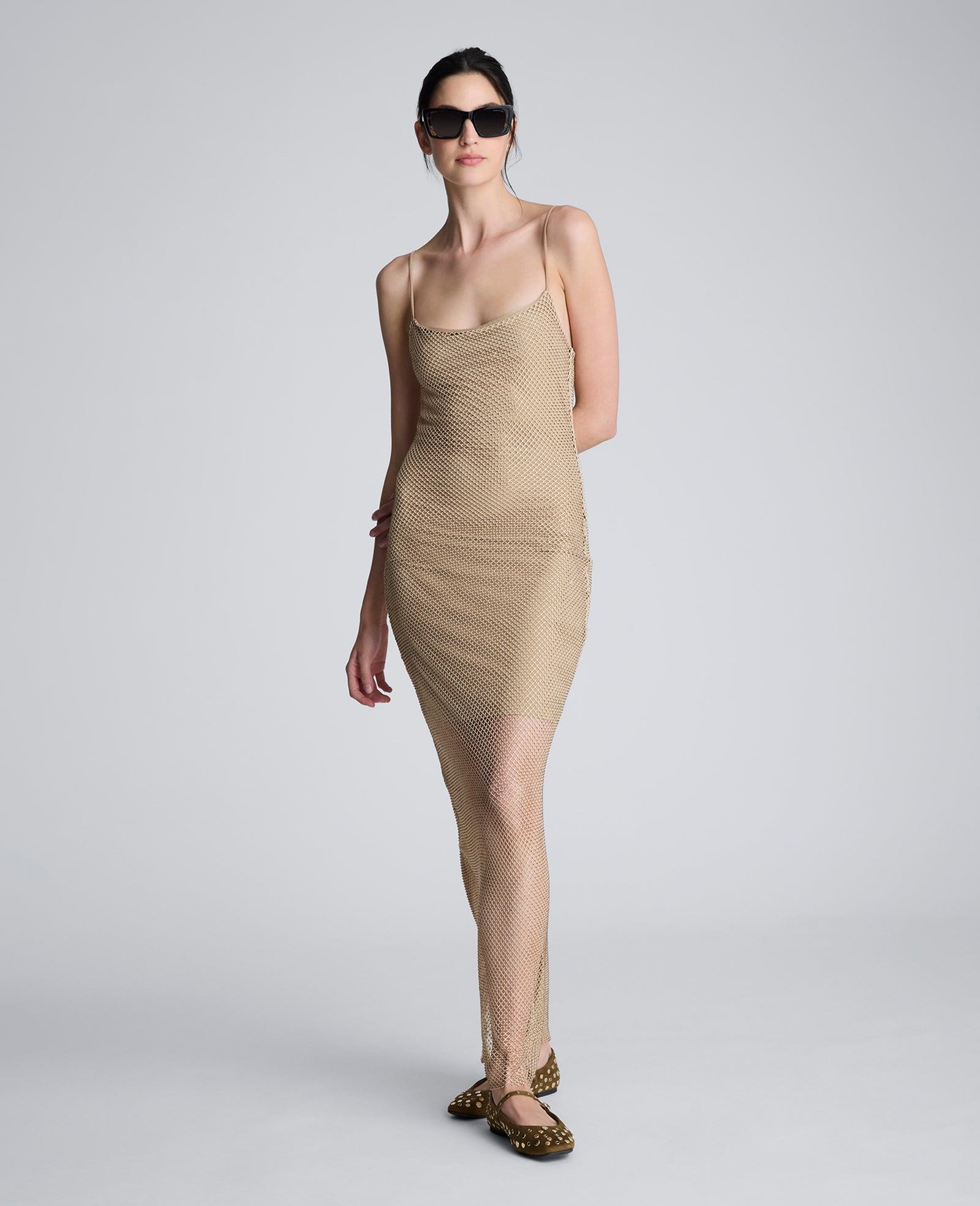 Kenneth Cole Reaction Clothing Metallic Slip Maxi Dress abito Soft Amber in mesh