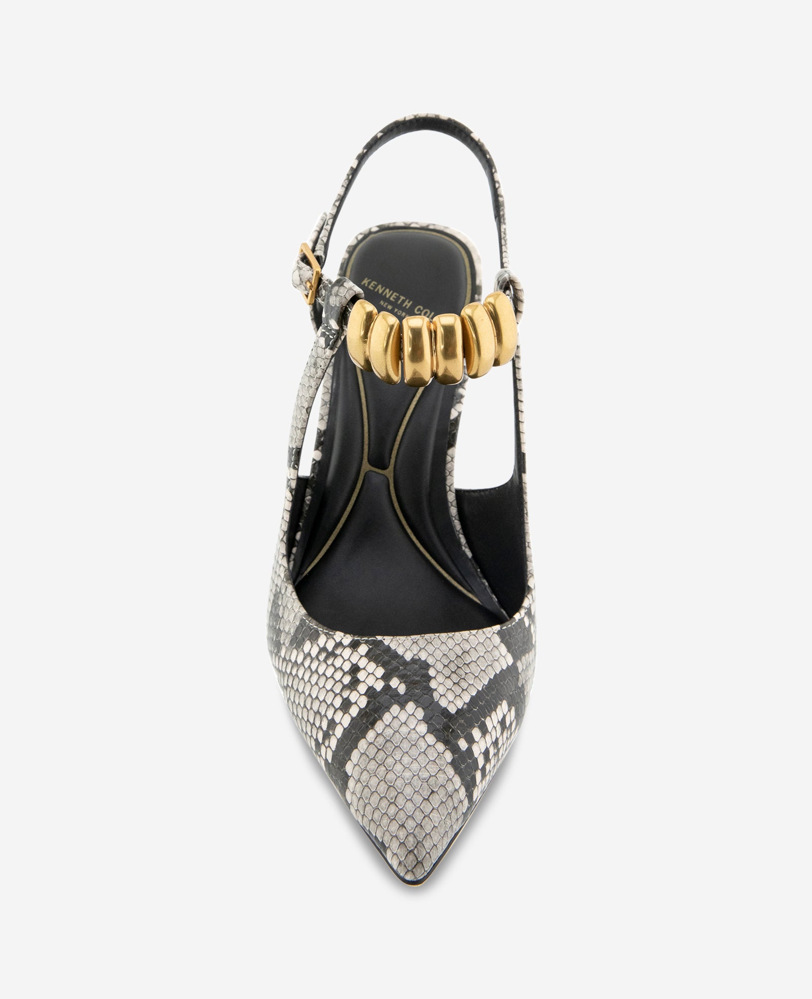 Kenneth Cole Reaction Shoes Romi Snake Print Hardware Ankle Slingback Heel slingback nero bianco stampa pitone