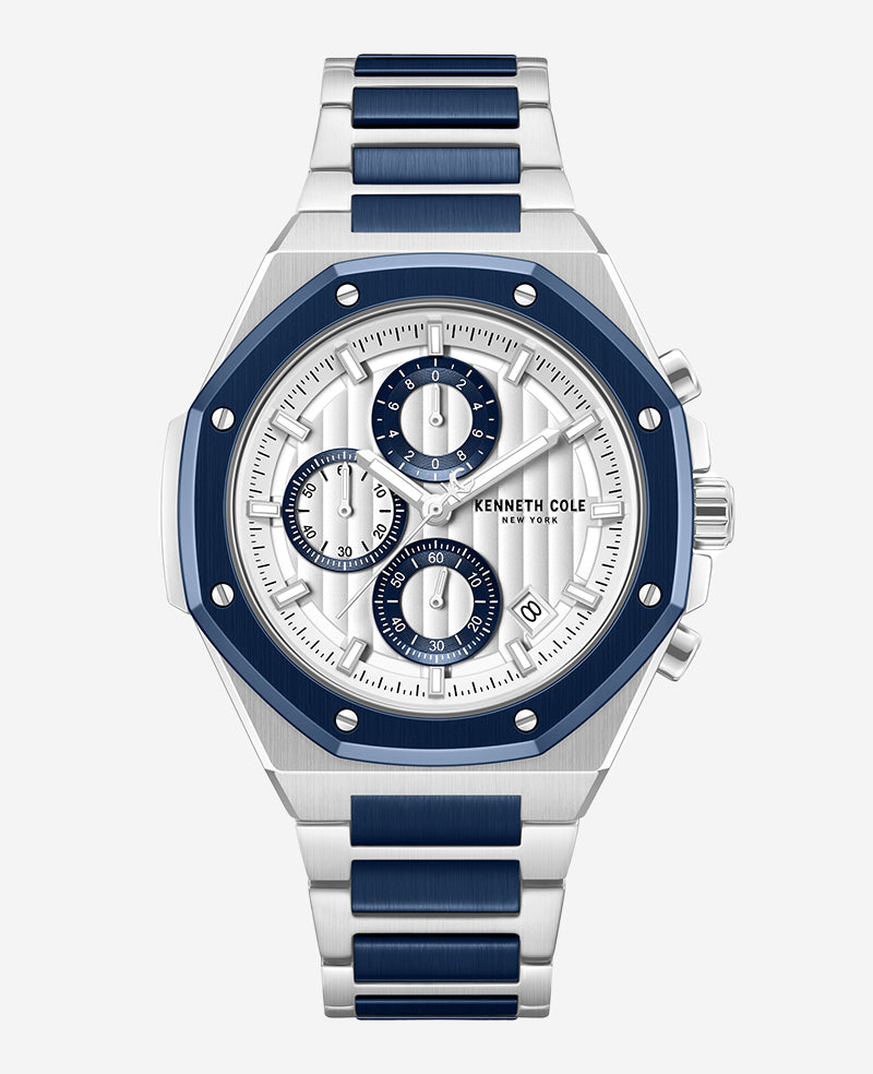 Kenneth Cole Reaction Watches Dress Sport Chronograph Two-Tone Stainless Steel Bracelet Watch orologio argento blu