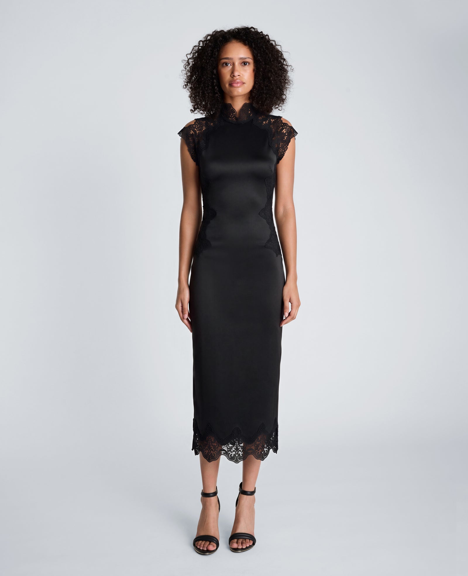 Kenneth Cole Reaction Mock Neck Lace Layered Midi Dress abito nero