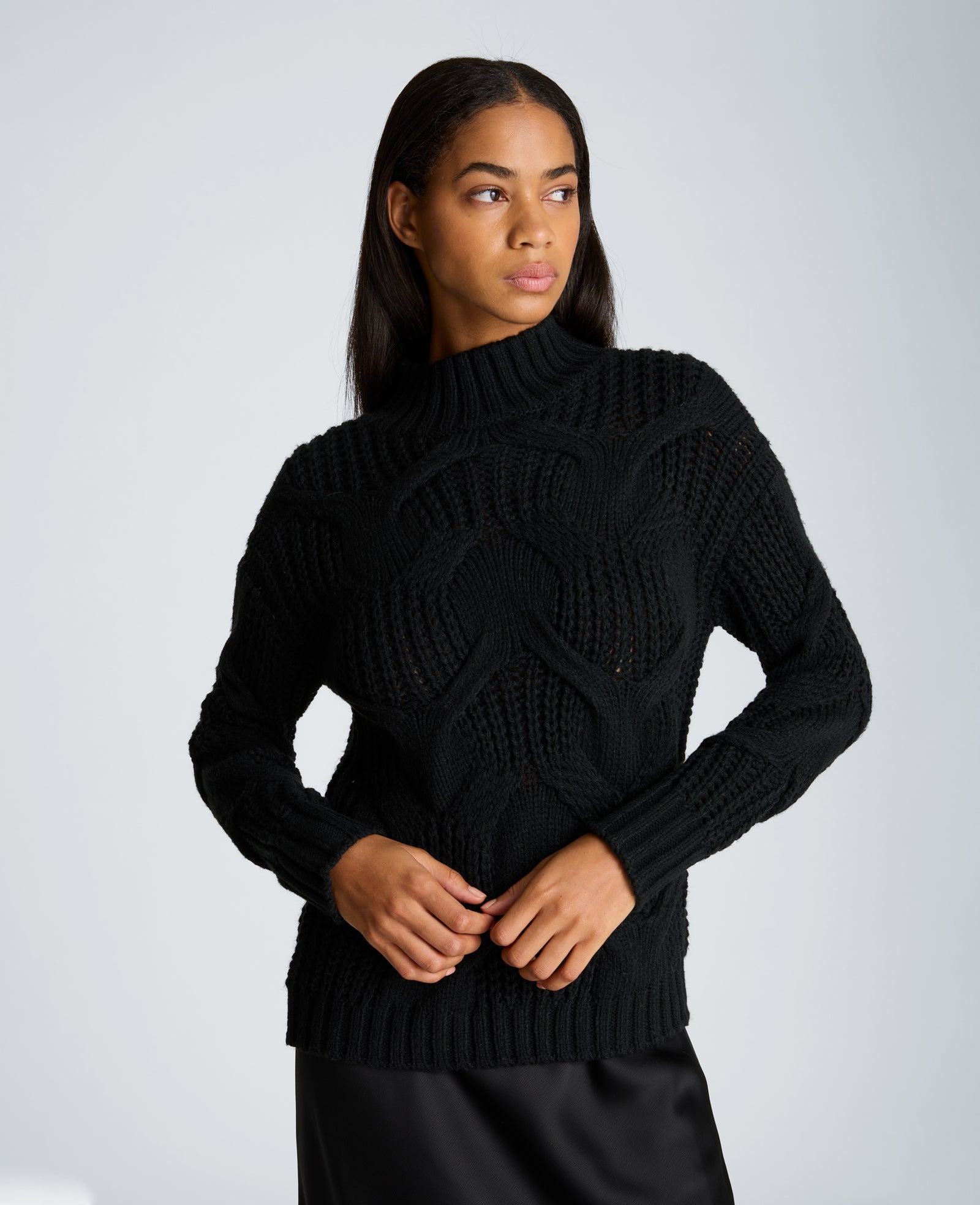 Kenneth Cole Reaction Clothing Oversized Cable Mock Neck Sweater maglione nero oversize