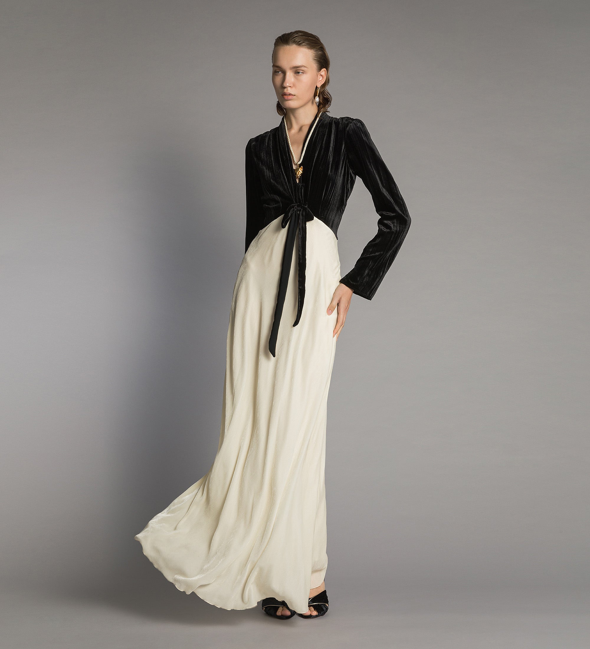 Forte abiti Velvet and Cupro Dress with Lace black abito lungo